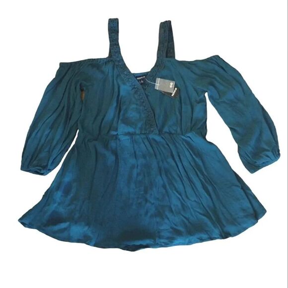 Torrid Teal Gauze Lace Trim Long Sleeve Cold Shoulder Peplum Blouse 2X NWT - Picture 8 of 15